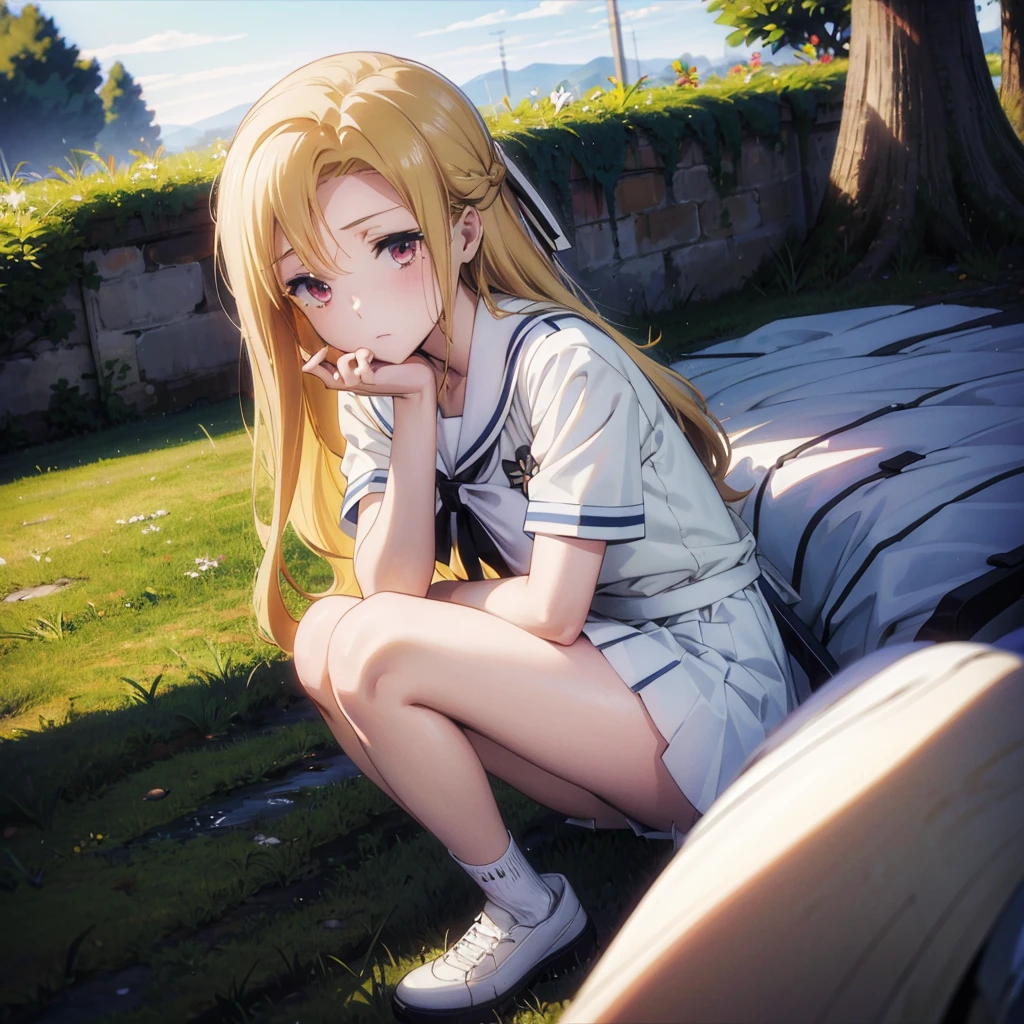 (masterpiece),(best quality),1girl,solo,teen,delicate beautiful face,(fine blond hair),long hair,(white sailor suit),short sleeve,navy blue mini skirt,[white panties],bare_legs,holding knees,park, (morning),BREAK black socks,black shoes