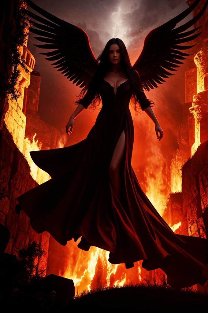 an angel woman, long flowing black hair, wearing a flowing red gown, flying over a castle in Hell, fantasy lighting, bright atmosphere,