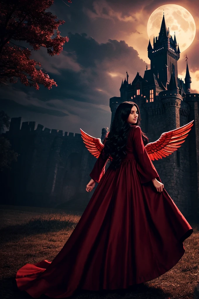 an angel woman, long flowing black hair, wearing a flowing red gown, flying over a castle in Hell, fantasy lighting, bright atmosphere,