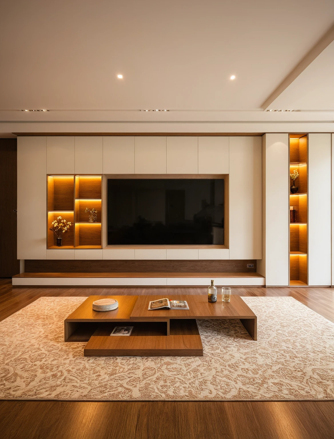 Raw photo,Masterpiece, high quality, best quality, authentic, super detail, interior , sunset, daylight, Modern luxury style living room, TV cabinet, TV, decorative cabinet, books, flower vases, bottles, tea table, tray, wine bottle, open book, carpet, wooden floor