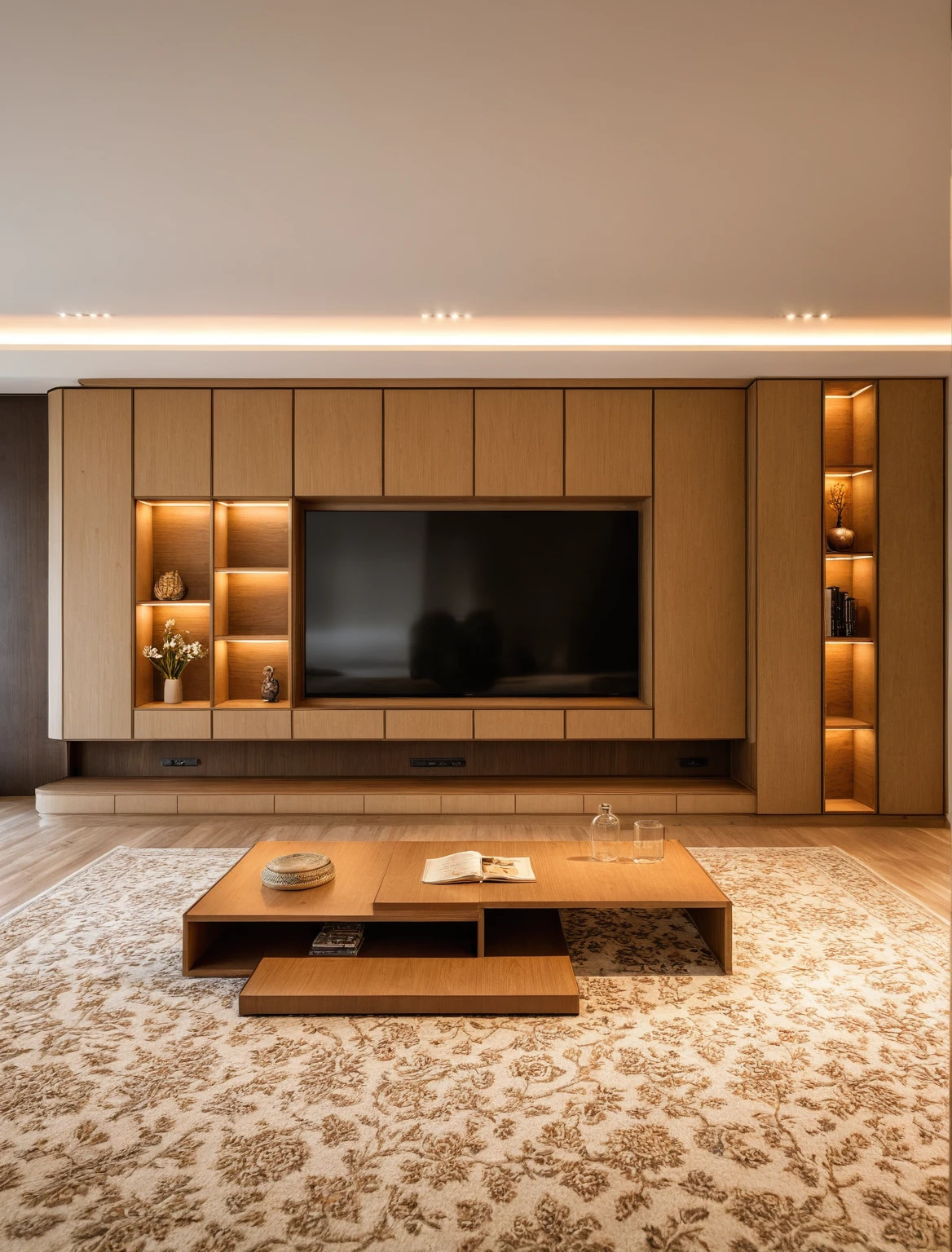 Raw photo,Masterpiece, high quality, best quality, authentic, super detail, interior , sunset, daylight, Modern luxury style living room, TV cabinet, TV, decorative cabinet, books, flower vases, bottles, tea table, tray, wine bottle, open book, carpet, wooden floor