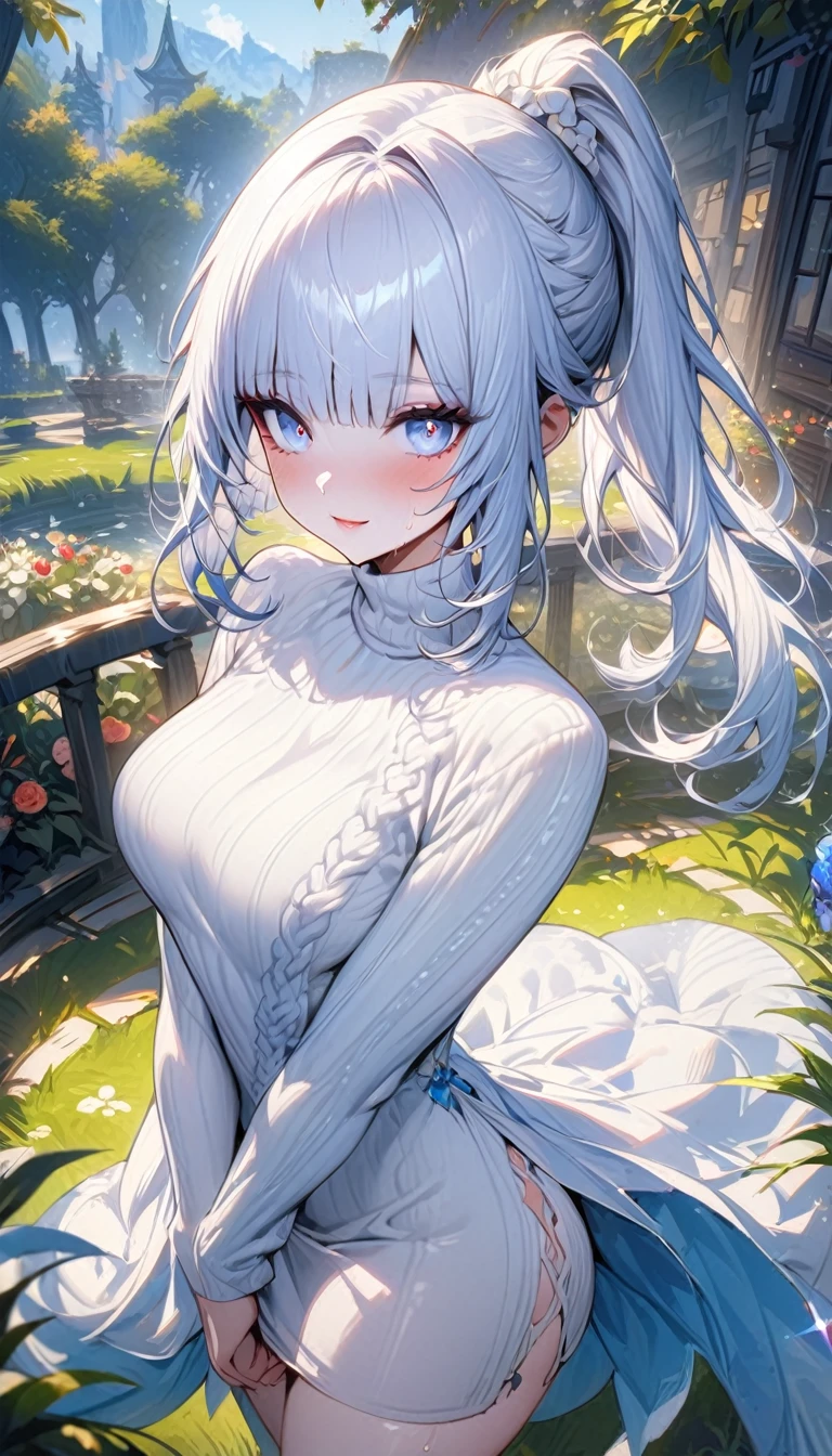 Ayaka Genshin Impact, (masterpiece:1.2), (best quality:1.2),, Curvy but slim, Perfect eyes, Perfect face, Perfect lighting, 1 girl, in the garden, (The whole body is visible),(walk),(Knitted sweaters),(Cute gestures),(Smile),(Ponytail),curls, Beautifully dressed, Detailed outdoor background, compensate, Eyeshadow, Thick eyelashes, fantasy, Looking at the audience, whole body, Blue sky、Bright and beautiful face、Young shiny radiant white glowing skin、most beautiful、世界上most beautiful丽的亮金发、Silver Hair、long Ponytail hair、Shiny and beautiful bangs、Sparkling, crystal clear big blue eyes、非常美丽可爱的17岁世界上most beautiful丽的女孩, very good, up to buttocks, very good, Medium breasts, Sweating