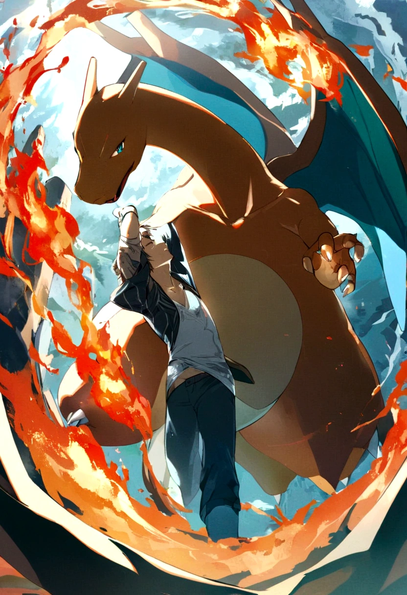 A boy playing with Charizard, Charizard is Brave and cool,