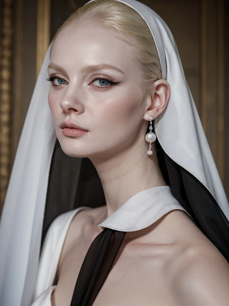 a blonde woman wearing black veil and pearl earrings , nun, poses for a picture, pearl earring, nun with pearl earring, girl with the pearl earring, girl with a pearl earring, girl with a pearl earringl, monia merlo, johannes vemeer, steven meisel, with pale skin, pale woman, inspired by Johannes Vermeer, with a white complexion