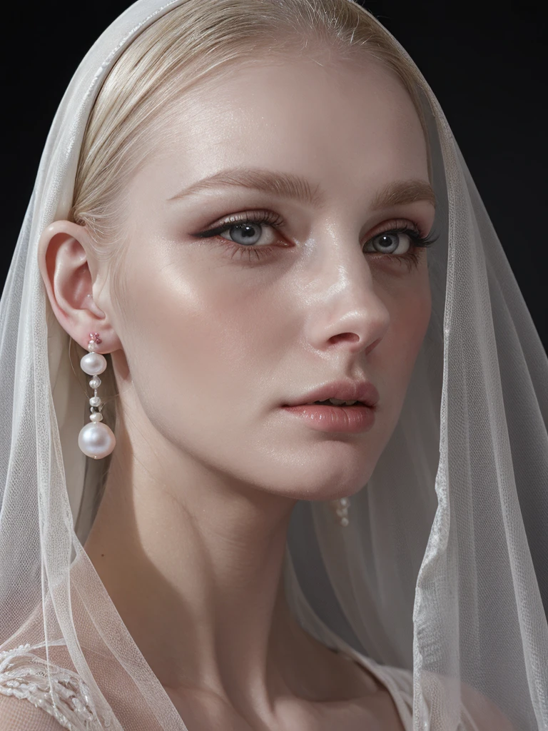 a blonde woman wearing black veil and pearl earrings , nun, poses for a picture, pearl earring, nun with pearl earring, girl with the pearl earring, girl with a pearl earring, girl with a pearl earringl, monia merlo, johannes vemeer, steven meisel, with pale skin, pale woman, inspired by Johannes Vermeer, with a white complexion