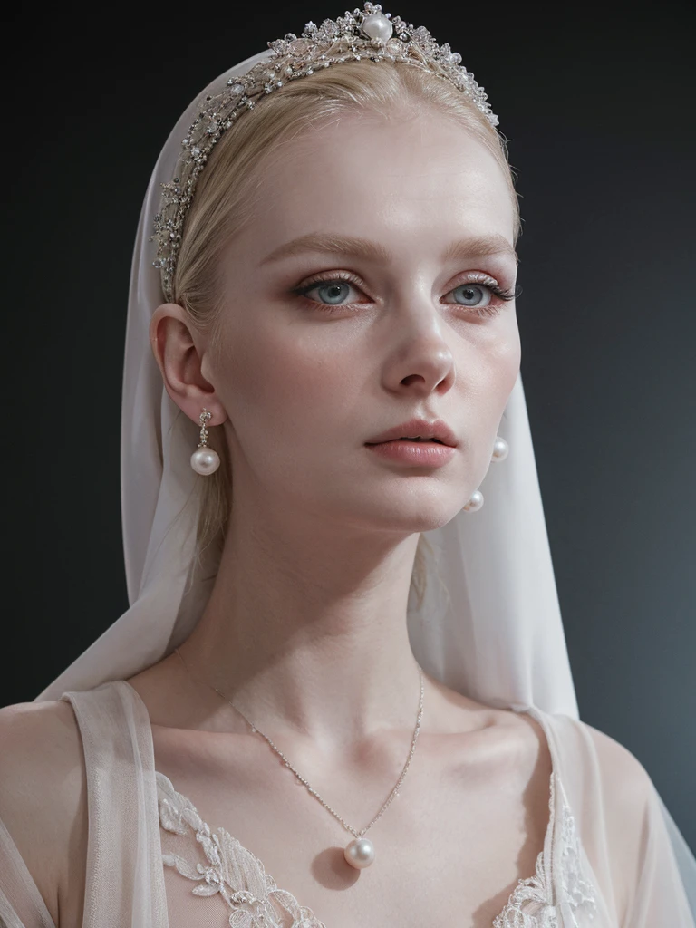 a blonde woman wearing black veil and pearl earrings , nun, poses for a picture, pearl earring, nun with pearl earring, girl with the pearl earring, girl with a pearl earring, girl with a pearl earringl, monia merlo, johannes vemeer, steven meisel, with pale skin, pale woman, inspired by Johannes Vermeer, with a white complexion