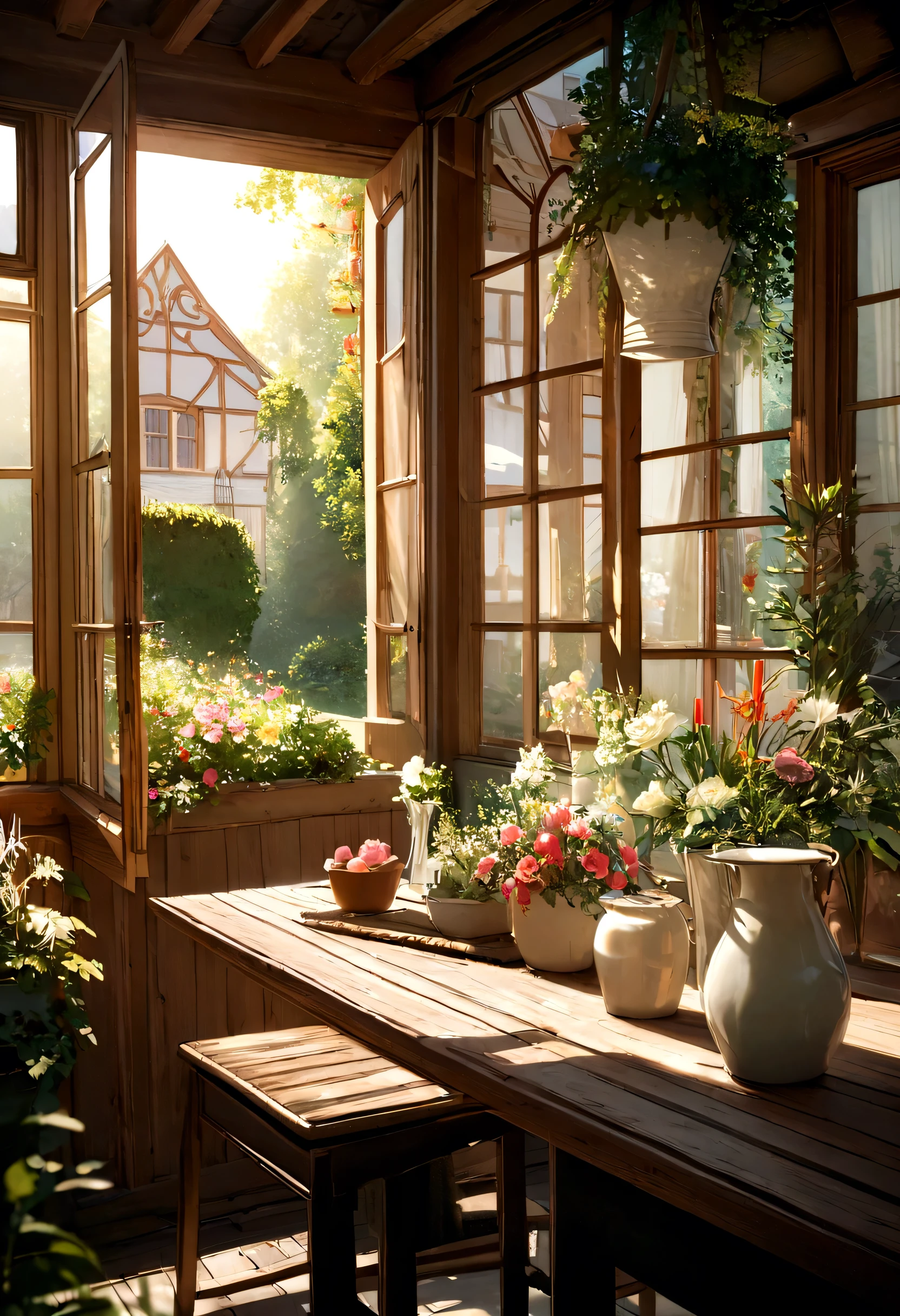 Close-up oF a table,There is a vase oF Flowers on it, delightFul surroundings, There is a French garden, transparent,High Profile,Kitchen on a sunny day, Inside the French Village, author:Sensible, Bright windows illuminate the kitchen, Architectural Digest, Home & Garden Magazine, Residence and garden, Architectural Digest Photos, summer morning light, with Flowers and plants, Vignette digital sketch, Paint dripping. PerFect color grading. Carel Appel and Jeremy Mann's inFluence, Many dramatic and threatening scenes, Extremely detailed, BeautiFul, Crazy details, Intricate details, Editorial Photography, Shot with a 50mm lens, depth oF Fields, Tilt Blur, Shutter Speed 1/1000, F/22. Lightmaps, Super bright