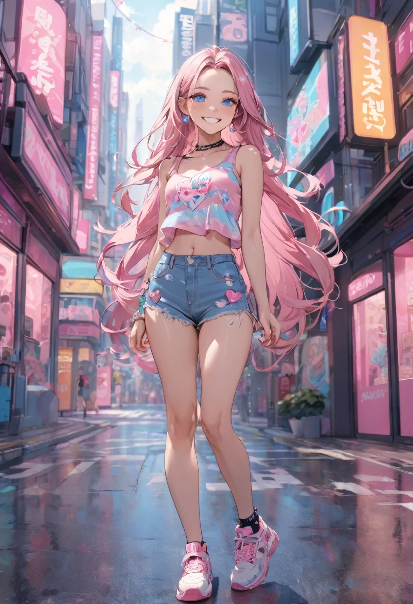 (pink style) (in a cute Tank top, Hot pants), (solo:2, 15 yo, forehead pink hair long hair lovely girl, cute blue eyes, grin smile), in the pop city, BREAK, perfect anatomy, masterpiece, best quality, 16k, beautiful detailed grow, daydreaming expression.