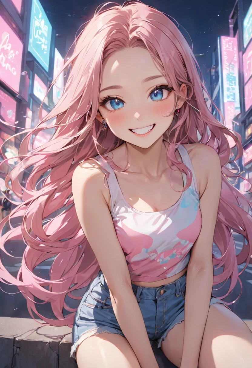 (pink style) (in a cute Tank top, Hot pants), (solo:2, 15 yo, forehead pink hair long hair lovely girl, cute blue eyes, grin smile), in the pop city, BREAK, perfect anatomy, masterpiece, best quality, 16k, beautiful detailed grow, daydreaming expression.