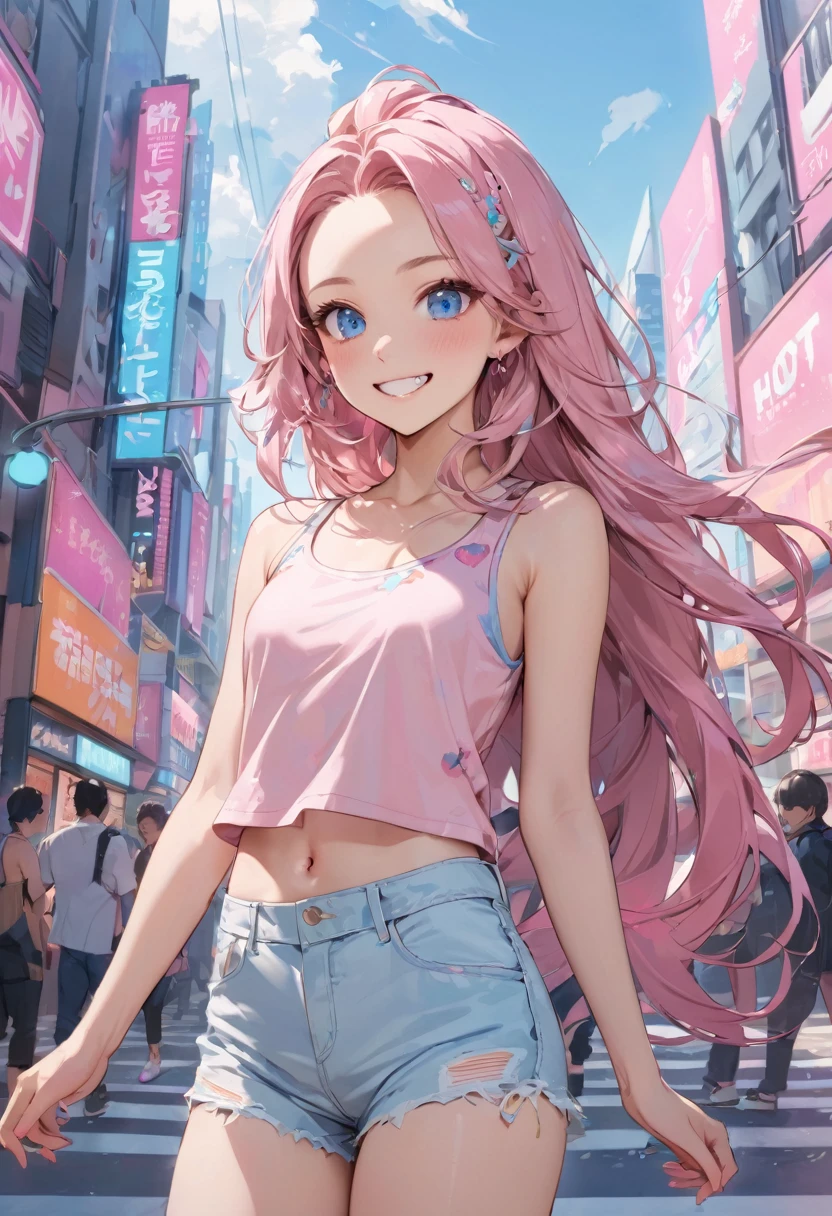 (pink style) (in a cute Tank top, Hot pants), (solo:2, 15 yo, forehead pink hair long hair lovely girl, cute blue eyes, grin smile), in the pop city, BREAK, perfect anatomy, masterpiece, best quality, 16k, beautiful detailed grow, daydreaming expression.