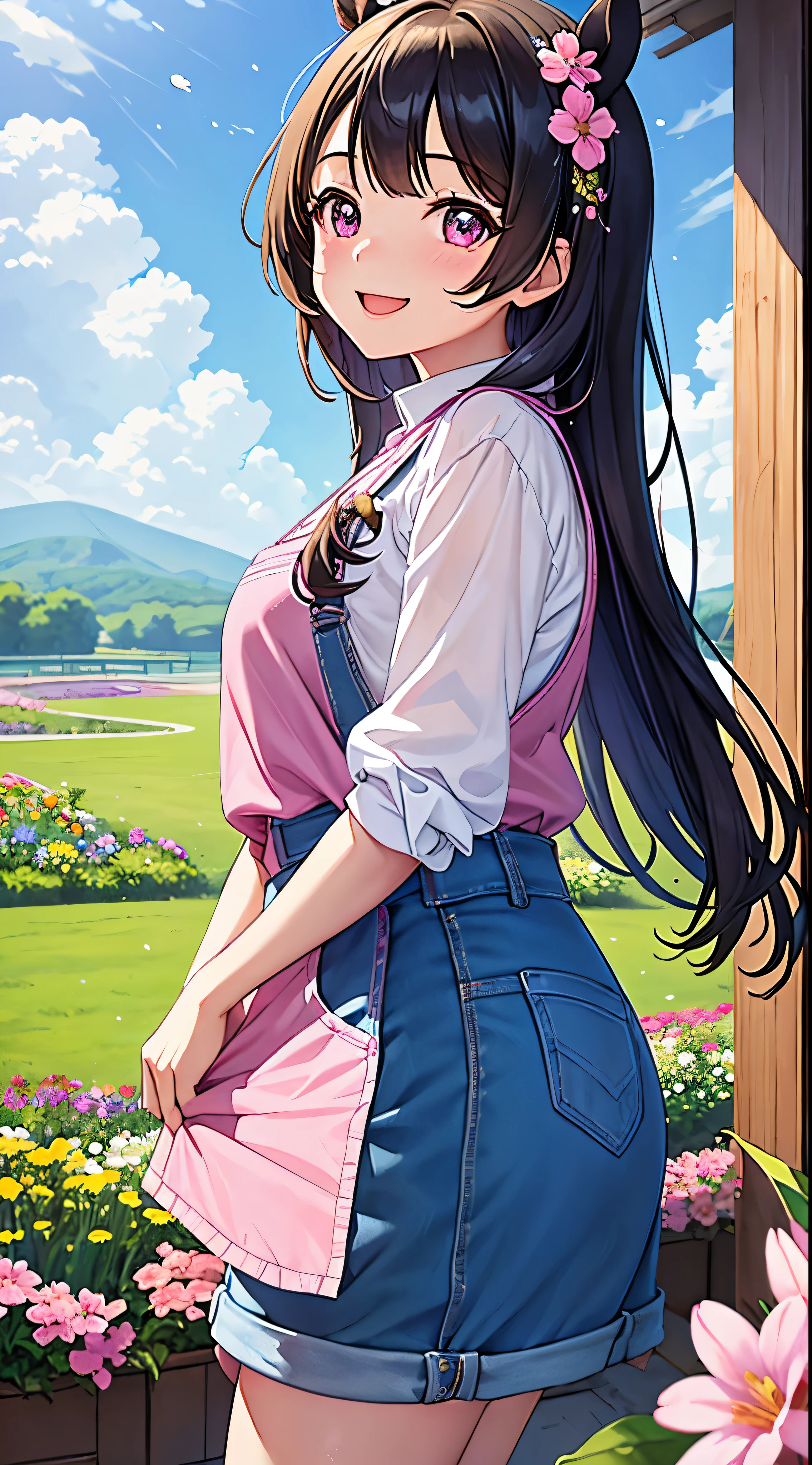 masterpiece、first-class、1girl、solo、Haruurara、Oversized overall shorts、Pink Shirt、Lots of flowers、Horse tail accessories(0.6)、Open-mouthed and smiling broadly、Surrounded by a cloudy background、The flower-shaped pupils sparkle.。