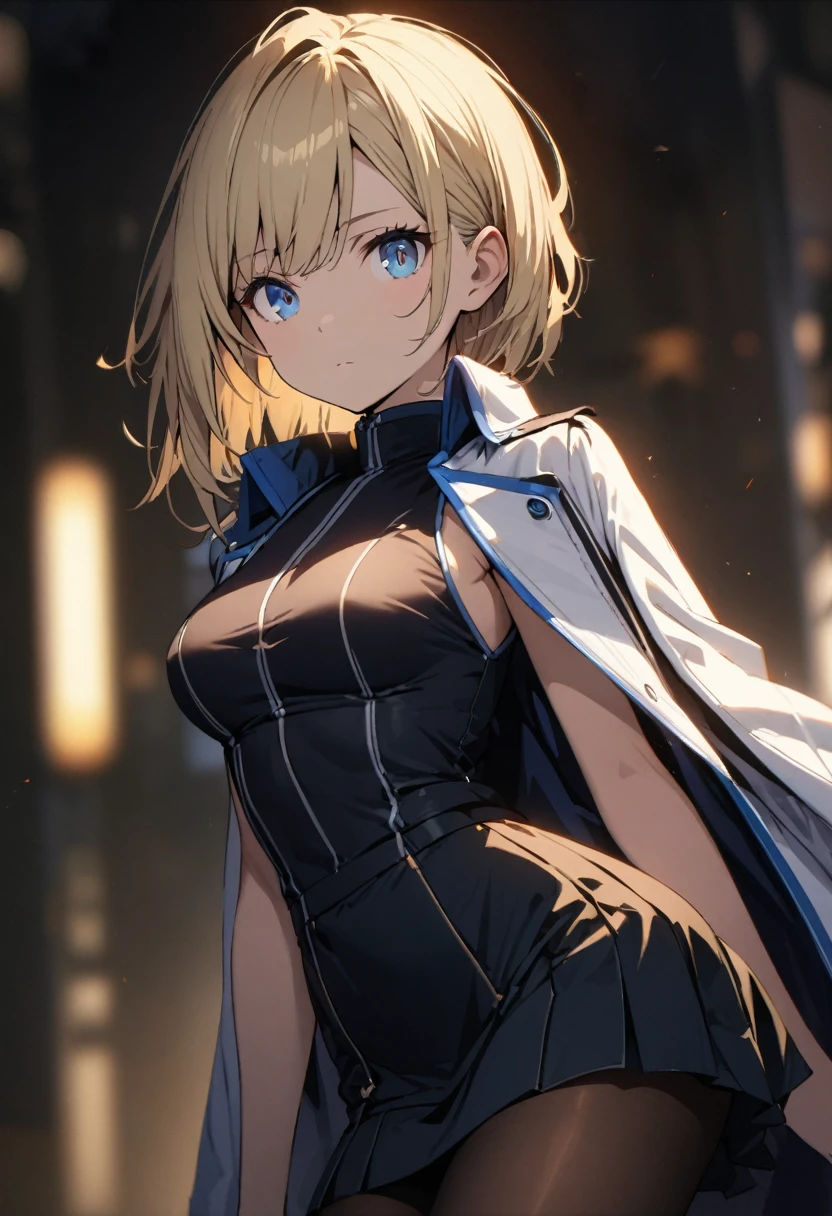 a pretty girl, solo,
blond hair, asymmetrical bob, blue eyes, bright eyes,
breasts,
jacket on shoulders, (high neck sleeveless), skirt, pantyhose,
expressionless, blurry background,
perfect lighting, (best quality), (extremely detailed)