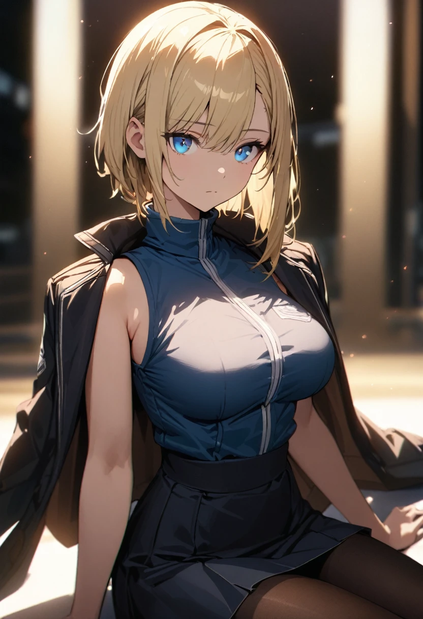 a pretty girl, solo,
blond hair, asymmetrical bob, blue eyes, bright eyes,
breasts,
jacket on shoulders, (high neck sleeveless), skirt, pantyhose,
expressionless, blurry background,
perfect lighting, (best quality), (extremely detailed)