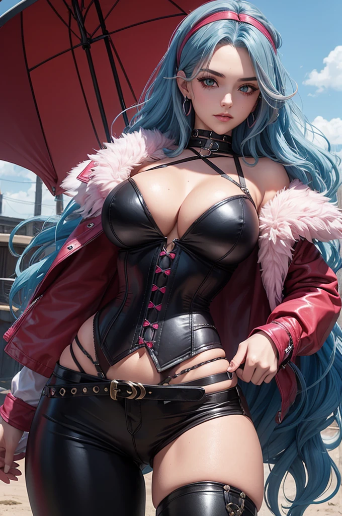 19 year old girl wavy blue hair pink headband gray eyes happy face Transylvania detailed body pirate corsair shirt crimson corset black leather pants gypsy