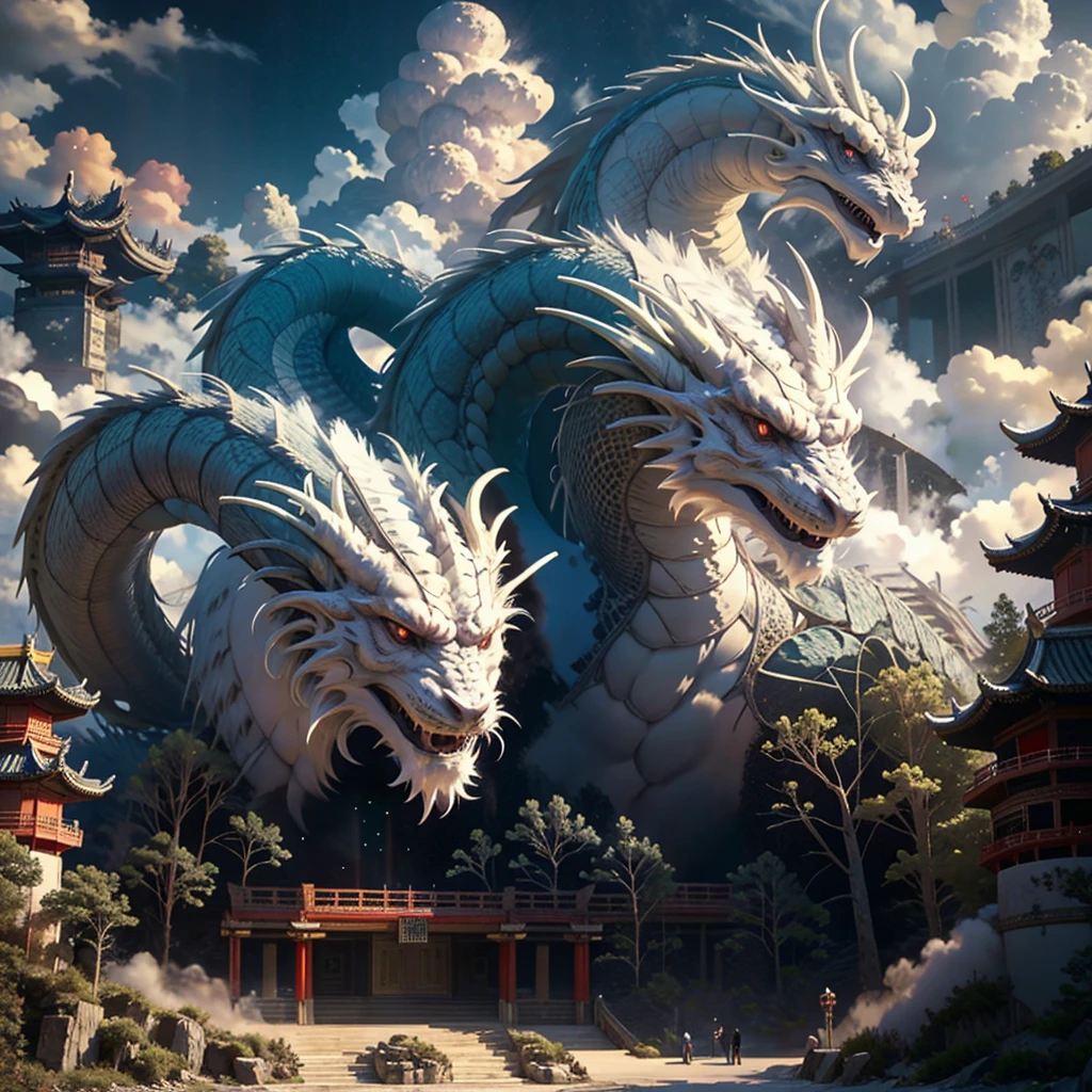 Beijing_SacRed_bEast,Red_Eye,outdoor,trumpet,Sky,cloud,No_Humanity,bird,cloudy_Sky,landscape,stairs,fantasy,dragon,architecture,East_Asian_architecture,Eastern_dragon,
movie lighting,strong contrast,high level of detail,best quality,masterpiece,