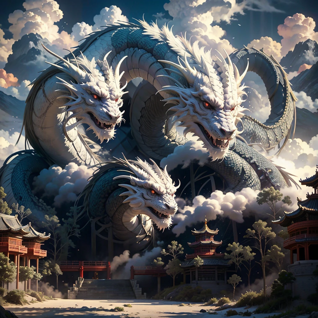 Beijing_SacRed_bEast,Red_Eye,outdoor,trumpet,Sky,cloud,No_Humanity,bird,cloudy_Sky,landscape,stairs,fantasy,dragon,architecture,East_Asian_architecture,Eastern_dragon,
movie lighting,strong contrast,high level of detail,best quality,masterpiece,