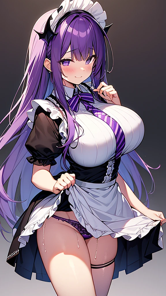 最high quality, high quality, 16K, Ultra-detailed details, pretty girl, alone, beautiful purple hair, Beautiful purple eyes, Big Breasts, A light smile, Summer clothes, Summer Maid clothes, I'm lifting my skirt, Striped underwear, My crotch is wet with love juice, {{A succubus strips off the maid&#39;s face and clothes and takes her place}}, Full body image, NSFW