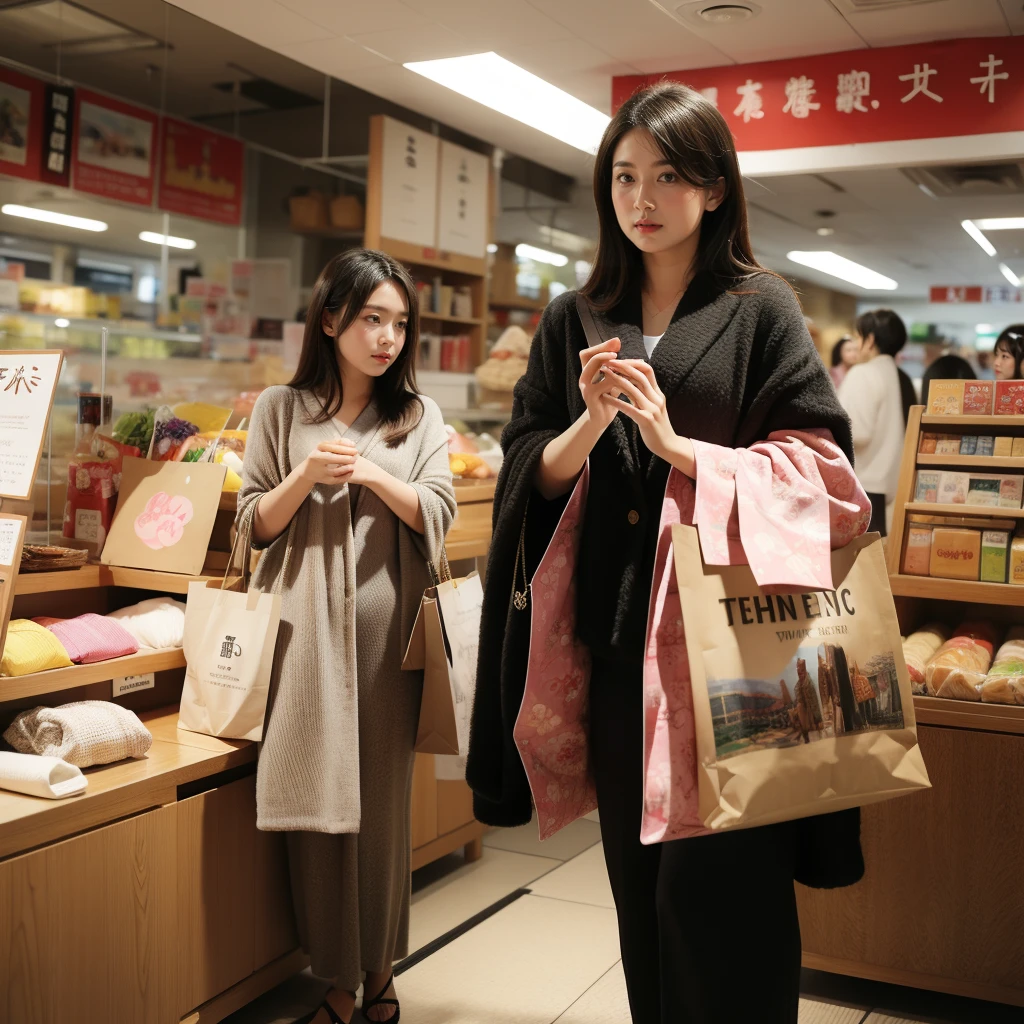 (Highest quality, masterpiece:1.2),Japanese women,50 and 14 years old,Shopping in town