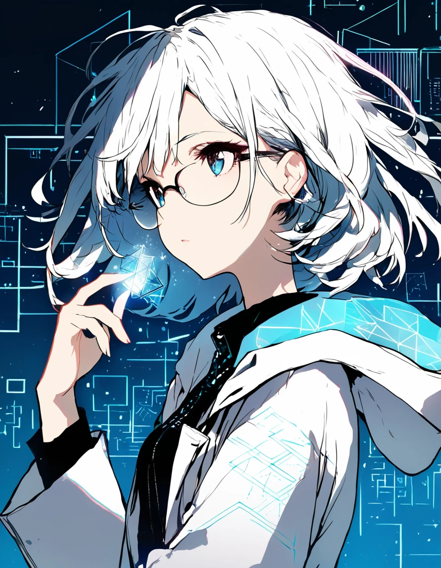 extremely clear 8K wallpaper, extremely delicate and detailed face:1.3, absurdres, masterpiece, pixiv contest winner, by Demizu Posuka,A mysterious and beautiful illustration of a girl wearing a white coat and glasses drawing geometric patterns in the air with her fingertips. , the geometric patterns she draws gently glow and take the form of complex mathematical formulas and diagrams. ,