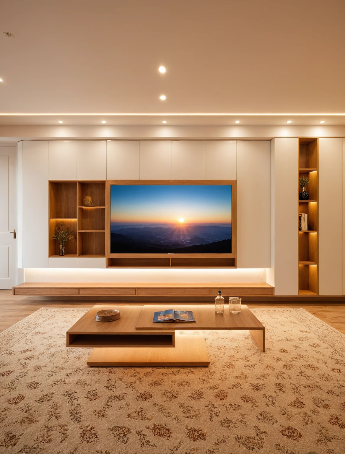 Raw photo,Masterpiece, high quality, best quality, authentic, super detail, interior , sunset, daylight, living room, TV cabinet, TV, decorative cabinet, books, flower vases, bottles, tea table, tray, wine bottle, open book, carpet, wooden floor, curve