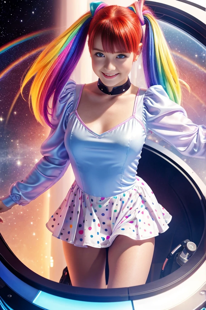 (overhead view) Cute redhead with rainbow colored hair tips, ribbons in her hair, 18-year-old woman, happy, smiling, in twin tails, perfect eyes, clear sparkling blue eyes, pale skin, silky smooth white skin, alabaster skin, flying a fancy metal luxurious space ship, futuristic cockpit, she's a pilot, outer space seen in windows, dark warm lighting, wearing a futuristic dress, low cut top, pleated (chemise) mini dress (pastel rainbow colors, and polka dots), puffy sleeves, silk, pantyhose, cute short cut booties, boots.