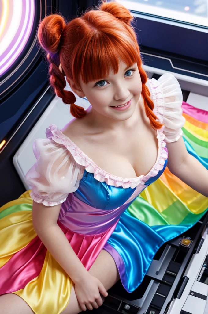 (overhead view) Cute redhead with rainbow colored hair tips, ribbons in her hair, 18-year-old woman, happy, smiling, in twin tails, perfect eyes, clear sparkling blue eyes, pale skin, silky smooth white skin, alabaster skin, flying a fancy metal luxurious space ship, futuristic cockpit, she's a pilot, outer space seen in windows, dark warm lighting, wearing a futuristic dress, low cut top, pleated (chemise) mini dress (pastel rainbow colors, and polka dots), puffy sleeves, silk, pantyhose, cute short cut booties, boots.