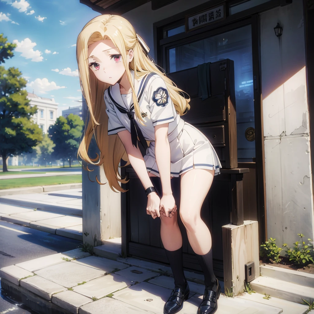 (masterpiece),(best quality),1girl,solo,delicate beautiful face,(fine blond hair),long hair,(white sailor suit),short sleeve,navy blue mini skirt,[white panties],bare_legs,holding knees,park, (morning),BREAK black socks,black shoes