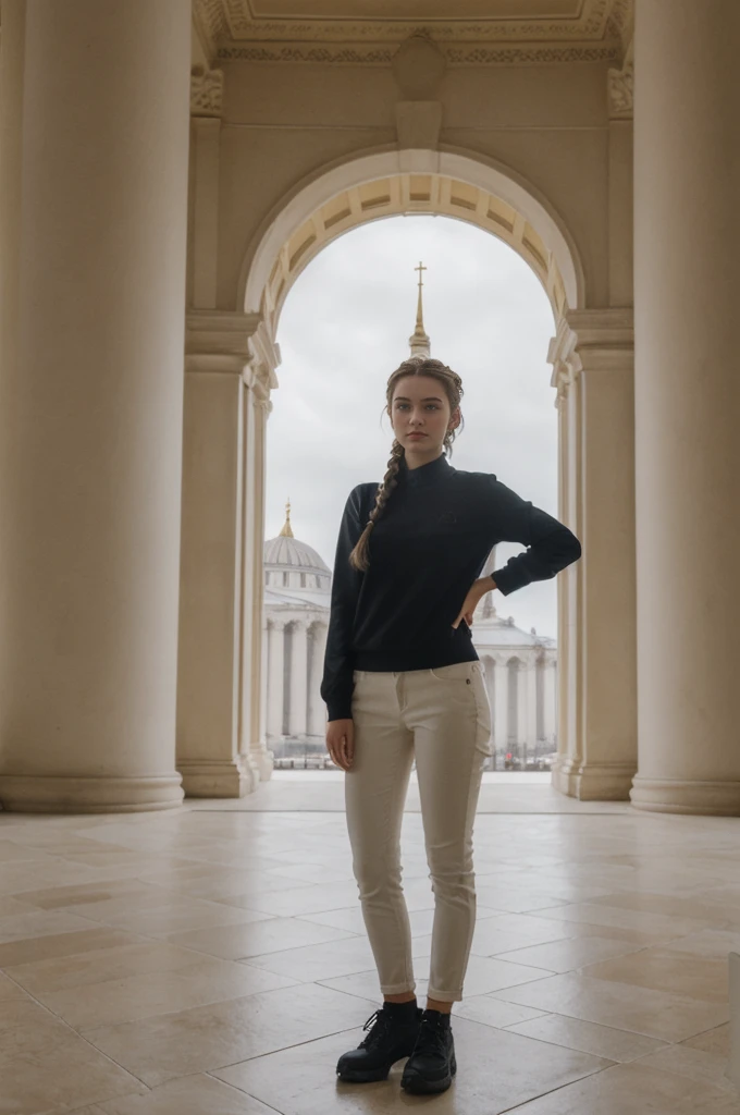 her name is Amelie, high quality, 1girl, ((20-year-old fit Caucasian woman)), ((20 years old)), ((fit)), ((Halo Braid)), pose: standing, wearing dark colored unique edgy gen Z modern wear, BACKGROUND: Your residence is a neoclassical building with grand columns and a view of the golden domes of Saint Sophia's Cathedral.