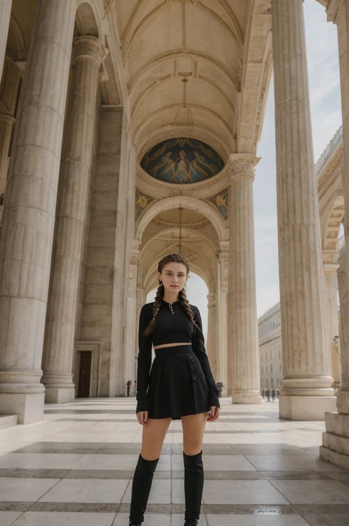 her name is Amelie, high quality, 1girl, ((20-year-old fit Caucasian woman)), ((20 years old)), ((fit)), ((Halo Braid)), pose: standing, wearing dark colored unique edgy gen Z modern wear, BACKGROUND: Your residence is a neoclassical building with grand columns and a view of the golden domes of Saint Sophia's Cathedral.
