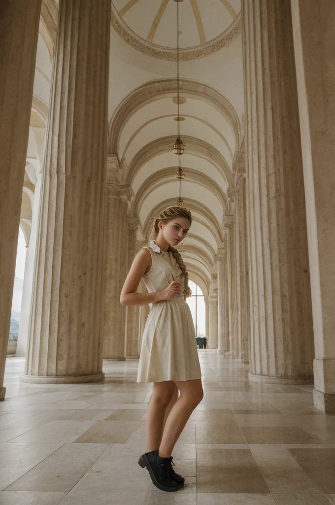 her name is Amelie, high quality, 1girl, ((20-year-old fit Caucasian woman)), ((20 years old)), ((fit)), ((Halo Braid)), pose: standing, wearing dark colored unique edgy gen Z modern wear, BACKGROUND: Your residence is a neoclassical building with grand columns and a view of the golden domes of Saint Sophia's Cathedral.