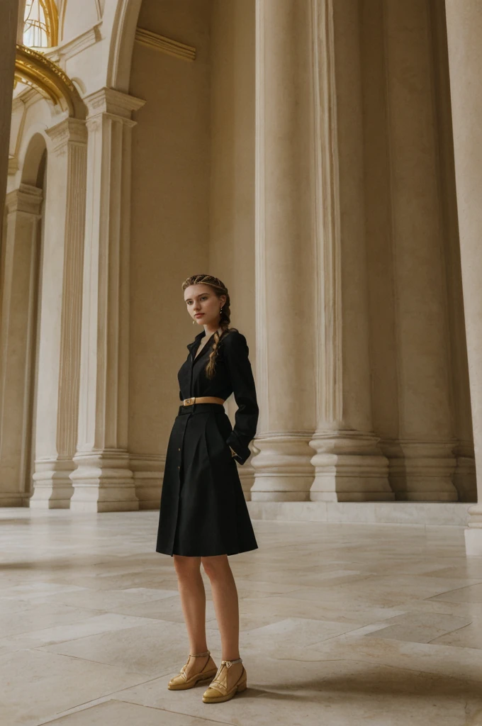 her name is Amelie, high quality, 1girl, ((20-year-old fit Caucasian woman)), ((20 years old)), ((fit)), ((Halo Braid)), pose: standing, wearing dark colored unique edgy gen Z modern wear, BACKGROUND: Your residence is a neoclassical building with grand columns and a view of the golden domes of Saint Sophia's Cathedral.