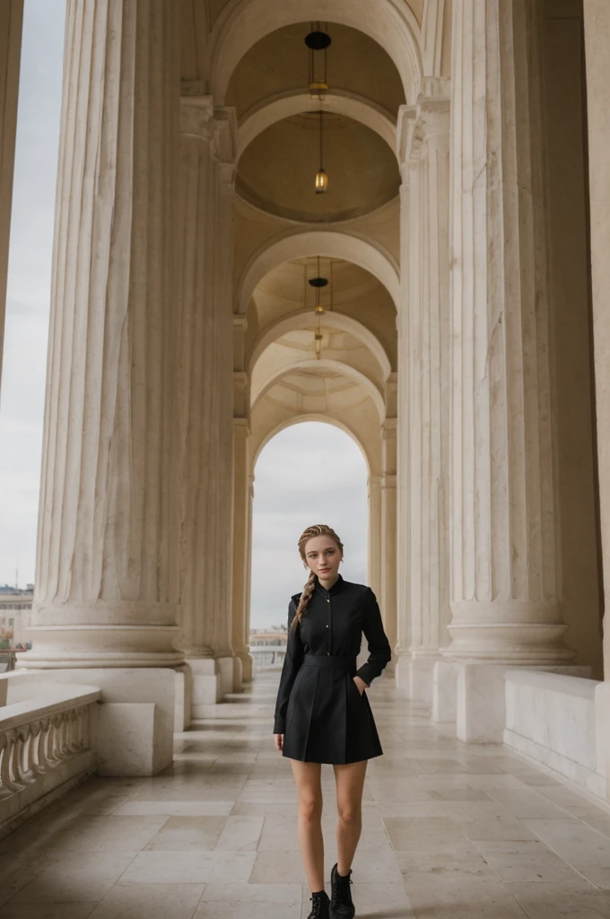 her name is Amelie, high quality, 1girl, ((20-year-old fit Caucasian woman)), ((20 years old)), ((fit)), ((Halo Braid)), pose: standing, wearing dark colored unique edgy gen Z modern wear, BACKGROUND: Your residence is a neoclassical building with grand columns and a view of the golden domes of Saint Sophia's Cathedral.