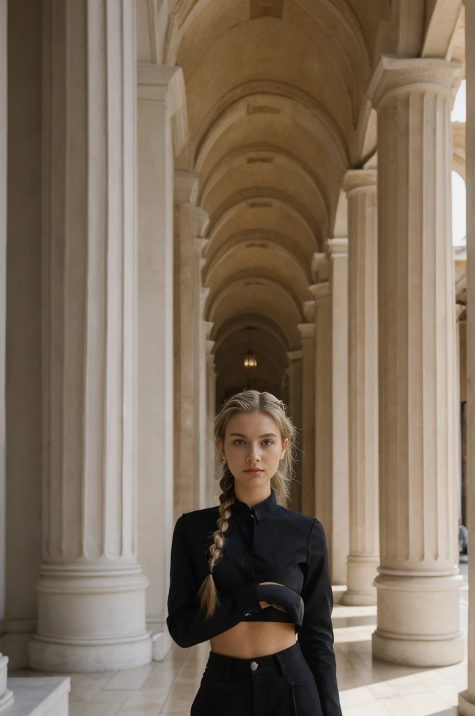 her name is Amelie, high quality, 1girl, ((20-year-old fit Caucasian woman)), ((20 years old)), ((fit)), ((Halo Braid)), pose: standing, wearing dark colored unique edgy gen Z modern wear, BACKGROUND: Your residence is a neoclassical building with grand columns and a view of the golden domes of Saint Sophia's Cathedral.