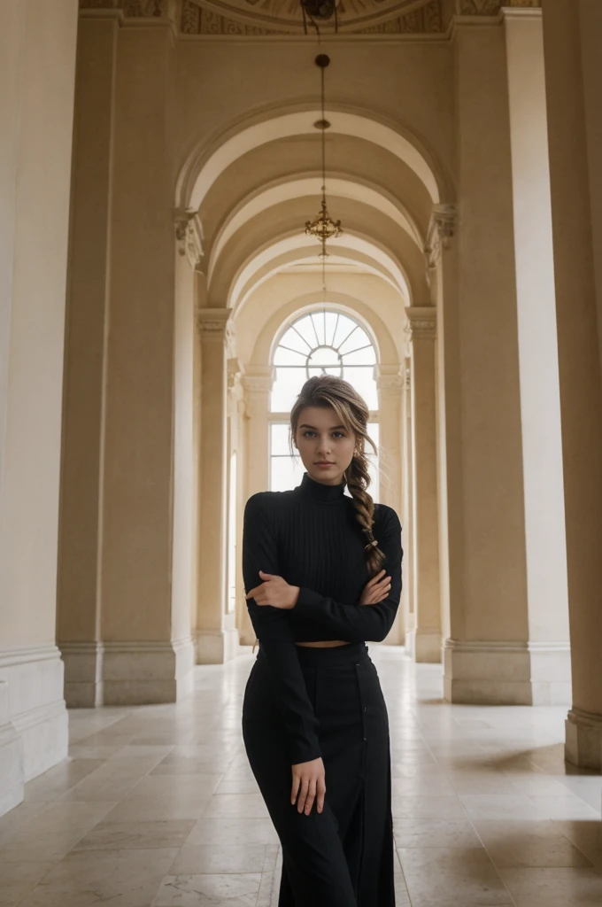 her name is Amelie, high quality, 1girl, ((20-year-old fit Caucasian woman)), ((20 years old)), ((fit)), ((Halo Braid)), pose: standing, wearing dark colored unique edgy gen Z modern wear, BACKGROUND: Your residence is a neoclassical building with grand columns and a view of the golden domes of Saint Sophia's Cathedral.