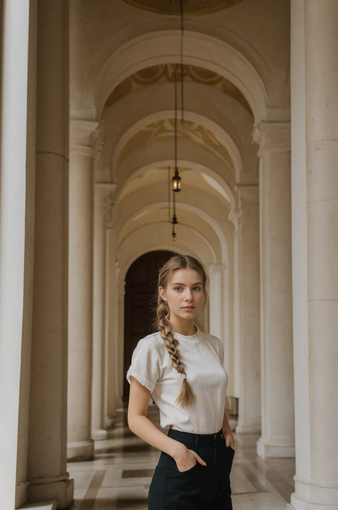 her name is Amelie, high quality, 1girl, ((20-year-old fit Caucasian woman)), ((20 years old)), ((fit)), ((Halo Braid)), pose: standing, wearing dark colored unique edgy gen Z modern wear, BACKGROUND: Your residence is a neoclassical building with grand columns and a view of the golden domes of Saint Sophia's Cathedral.