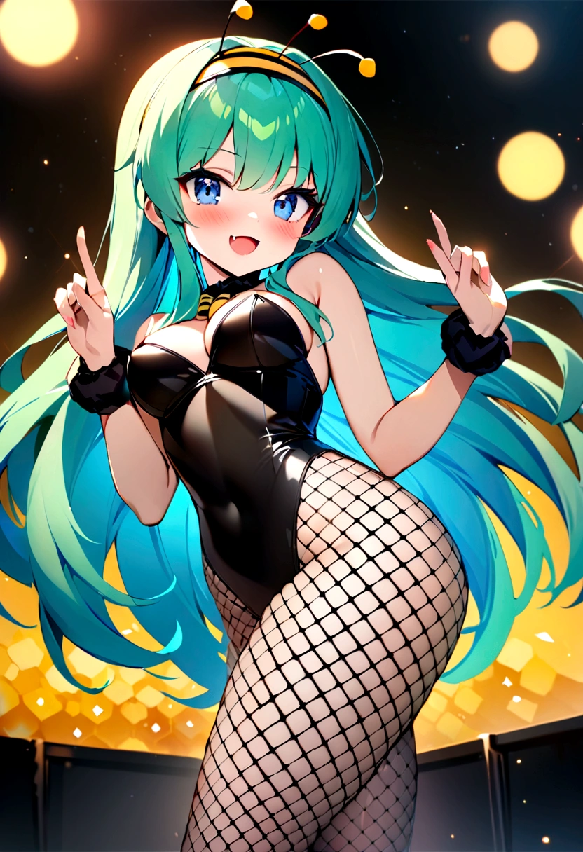 score_9, score_8_up, score_7_up, score_6_up, source_anime, 1girl, solo, lum, long hair, bangs, green hair, blue eyes, tiny horns, aqua hair, eyeshadow, a girl wearing a bee costume, antennae headband, black leotard, fishnet pantyhose, wrist cuffs, fake insect wings, standing in an apiary with beehives, whole mouth filled with honey, licking honey from fingers, looking directly at the viewer, (best quality, 4k, 8k, highres, masterpiece:1.2), ultra-detailed, HDR, UHD, ultra-fine painting, sharp focus, physically-based rendering, extreme detail description, professional, vivid colors, bokeh, medium breasts, blush, fang, perfect fingers, perfect hands, (horny), (flirtatious look),