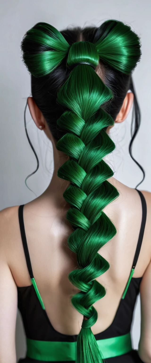 ((Monochrome, Photo noire et vert foncé), Sublime femme avec deux très longues queues de cheval de chaque côté, double queues de cheval, double twin ponytails, twin tails, Lèvres détaillées, Yeux détaillés, regard intense, cils détaillés, visage détaillé, long cheveux vert foncé, visage de séduction, ((maquillage vert, tatouage fin et légé )), photo du milieu du corps, ((porte un costume)),(( photo noir et blanc et vert, only black and white and green photo)), (((photo noir et blanc et vert, only black and white and dark green photo, le maquillage et les cheveux, b/w, B&W,long twin ponytails)))