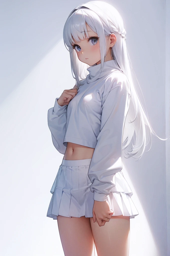 Nipples faintly visible through pure white clothing,Small Bust,mini skirt,White panties