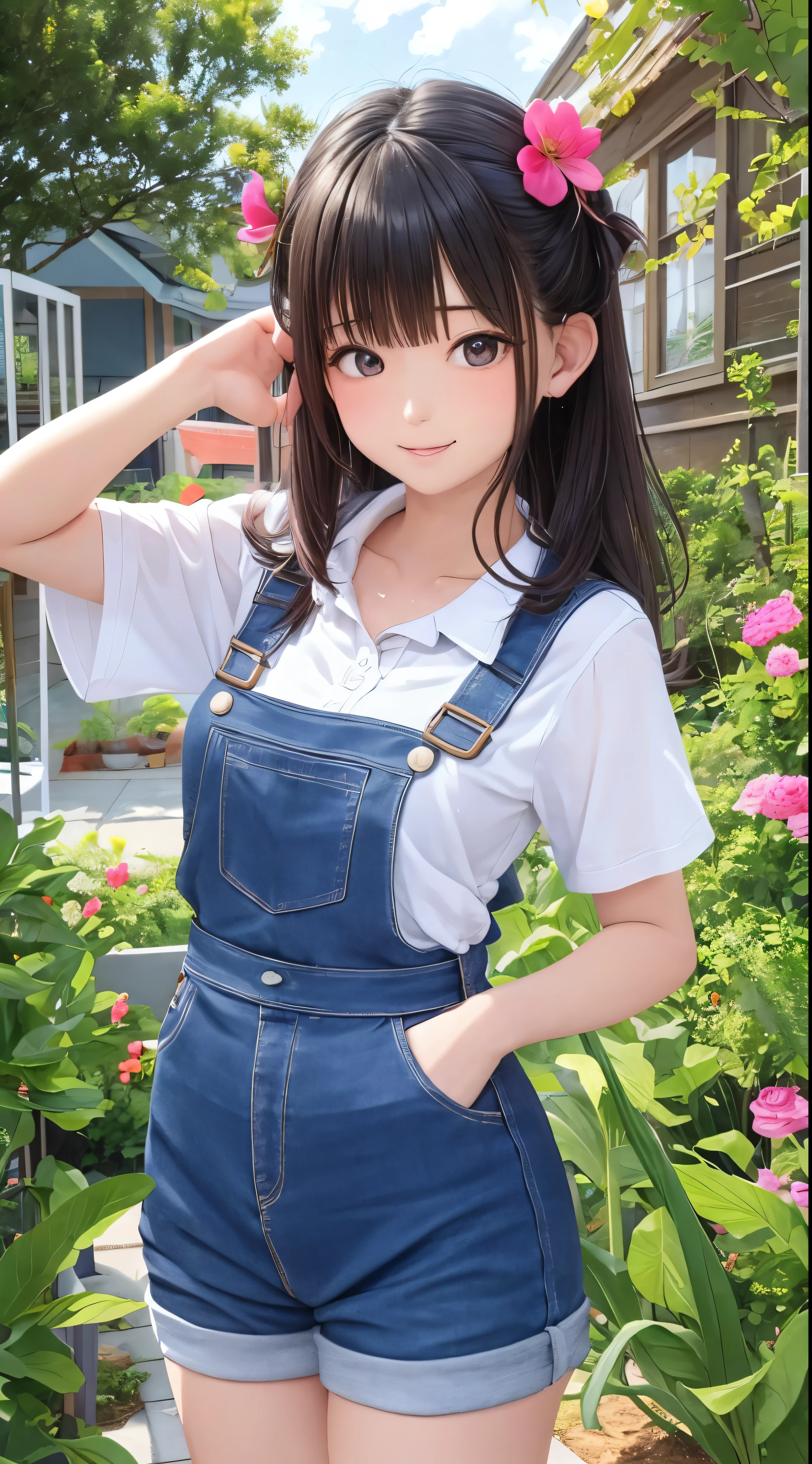 masterpiece、first-class、1girl、solo、Haruurara、Oversized overall shorts、Pink Shirt、Lots of flowers、Horse tail accessories(0.6)、Open-mouthed and smiling broadly、Surrounded by a cloudy background、The flower-shaped pupils sparkle.。