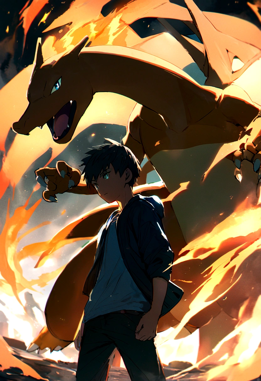 A boy playing with Charizard, Charizard is Brave and cool,