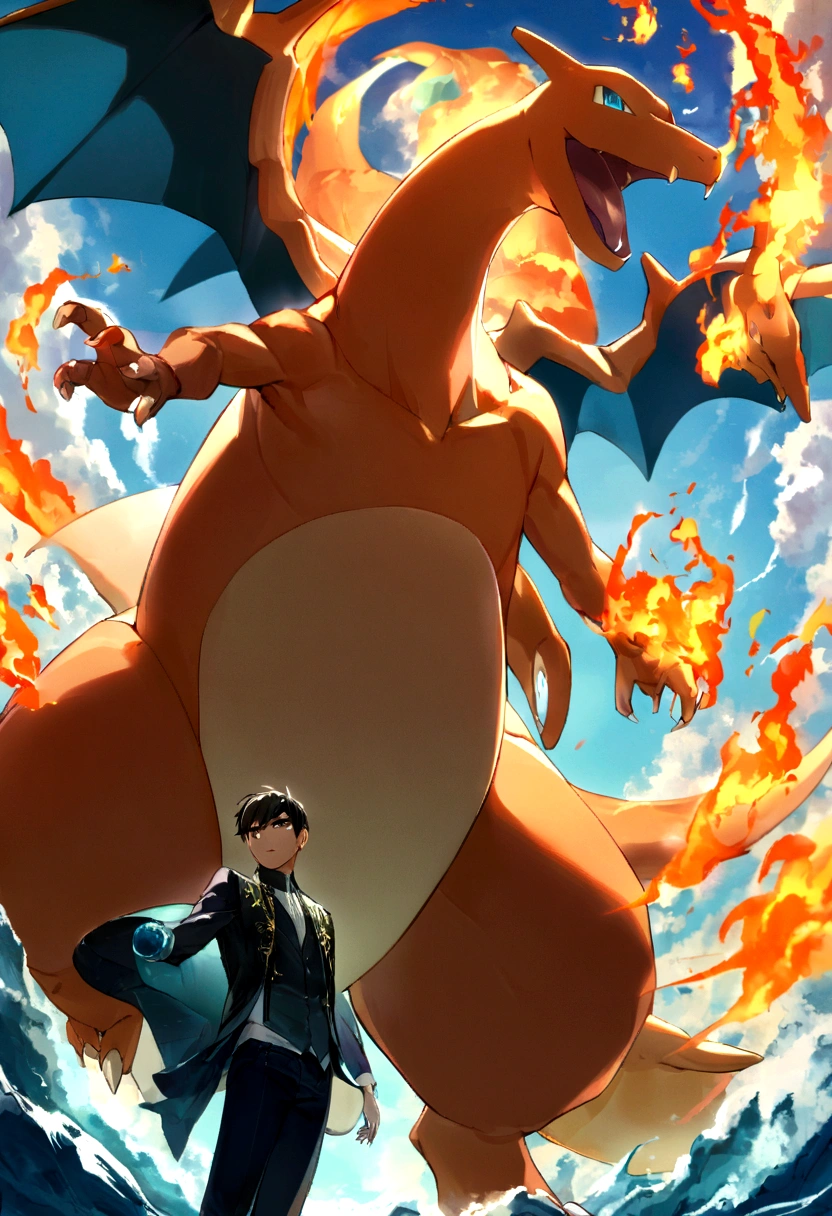 A boy playing with Charizard, Charizard is Brave and cool,