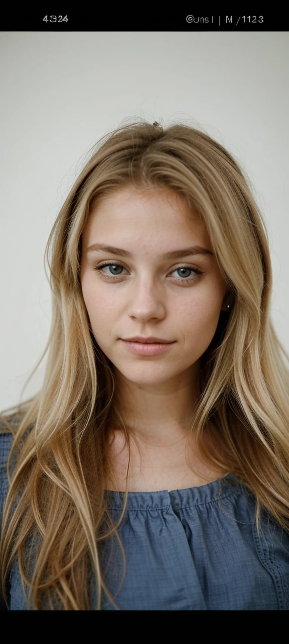 Le portrait réaliste d'une jeune fille de 22 ans.
Elle a des long cheveux blonds.
Elle est belle et possède des lèvres pulpeuses.