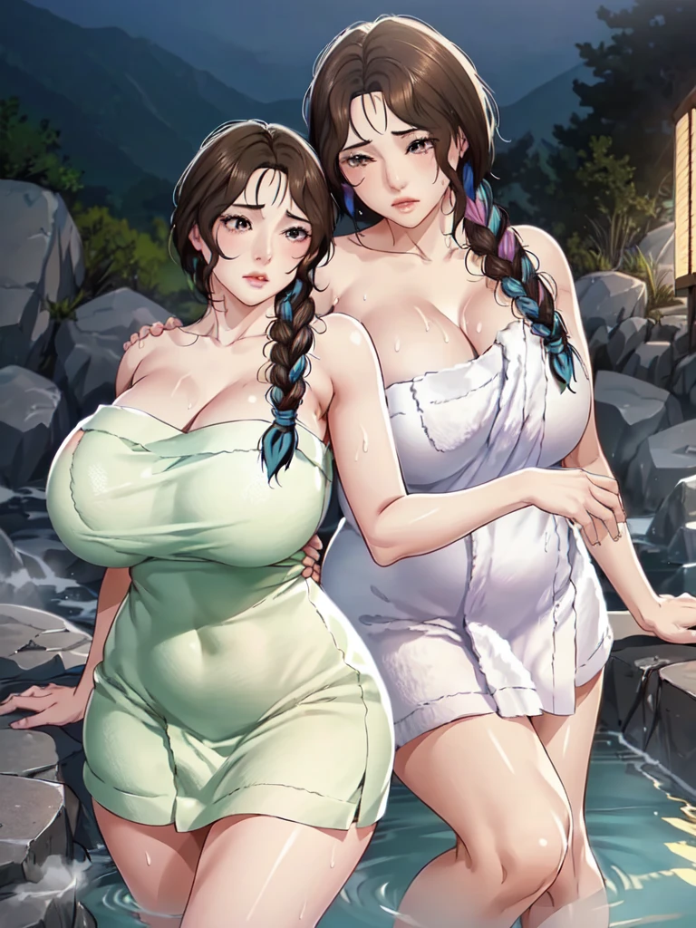 1girl, (mature female, older, huge breasts:1.4), milf, motherly, wide hips, curvy, naked towel, collarbone, lips, HDR, big ass, realistic, hyper detail,very precise detailed,ultra high resolution,extremely detailed CG unity 8k wallpaper,(Realistic,Photorealsitic,hyper realisitic:1.5), girls only, dynamic lighting, ((bold imaginative poses)), (Glossy skin:1.5), masterpiece, highest quality, disorganized, Audience,(Wearing a bath towel:1.4), (purple hair 1.4),((beautiful, fine eyes:1.3)),(wet clothes:1.4), thin, High resolution, sharp focus, Depth of the bounds written, eye for detail, clear eyes, ((Aesthetic Anime Eyes:1.4)), outdoors, sunrise sky,Open-air bath at a long-established hot spring inn,(Wearing a bath towel:1.4)