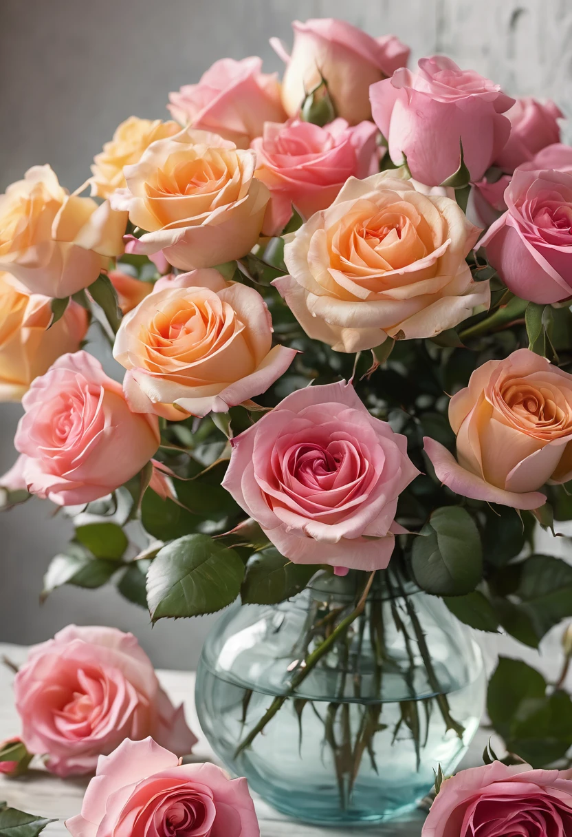 a close up of a vase of roses on a table, a colorized photo inspired by François Boquet, shutterstock, photorealism, roses, a few roses, incredibly realistic, rosses, lovely, beautiful flowers, bouquet, exploding roses, flowers!!!!, breathtaking realistic, a hyper realistic, roses in cinematic light, decorative roses, pastel roses, stunningly realistic