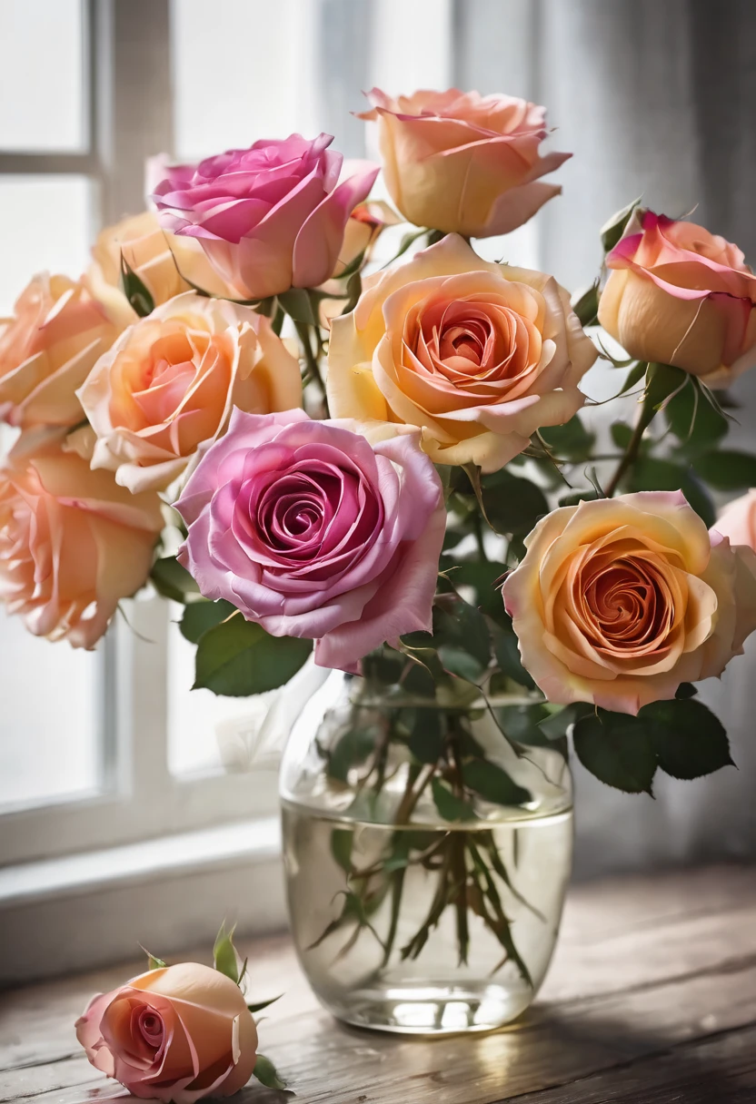 a close up of a vase of roses on a table, a colorized photo inspired by François Boquet, shutterstock, photorealism, roses, a few roses, incredibly realistic, rosses, lovely, beautiful flowers, bouquet, exploding roses, flowers!!!!, breathtaking realistic, a hyper realistic, roses in cinematic light, decorative roses, pastel roses, stunningly realistic