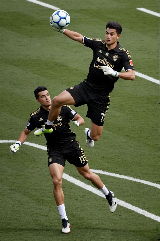 "A dark-haired soccer goalkeeper with short hair, dressed in a black uniform and white goalkeeper gloves, catching a ball. The image is realistic and shows the action in detail."