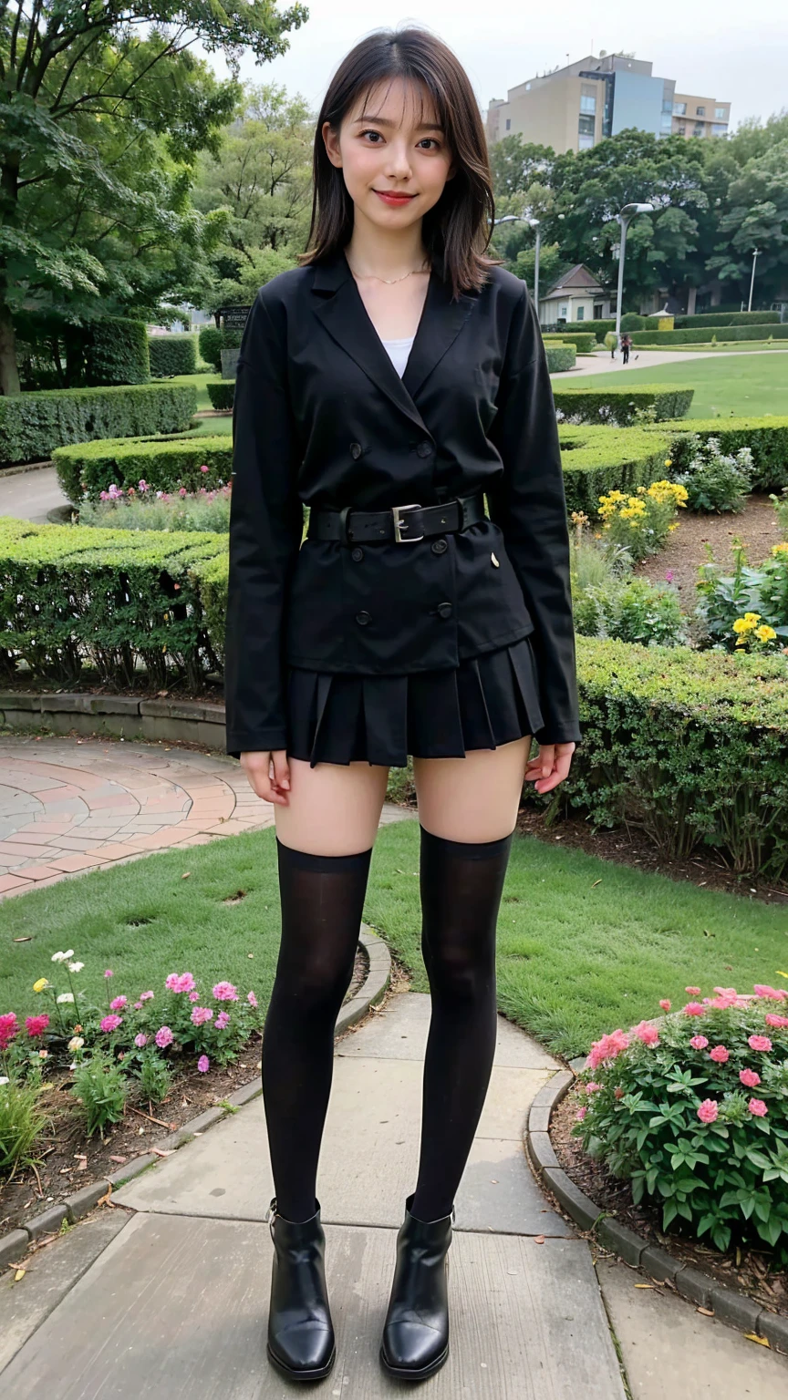 (8K、RAW Photos、Highest quality、masterpiece:1.2)、(Realistic、Realistic)、1 Girl、((Check mini skirt、Medium Hair、black、Thin legs、whole body、boots、blackいコート、one piece、tights、garden、View from the front、Looking into the camera、belt、Stand with hands on hips))、