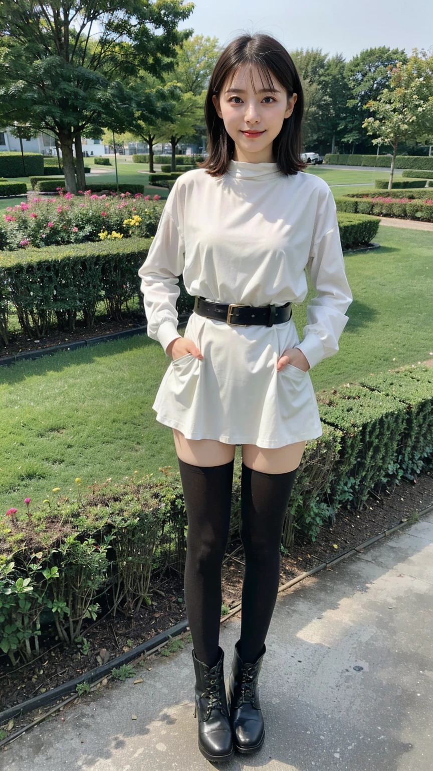 (8K、RAW Photos、Highest quality、masterpiece:1.2)、(Realistic、Realistic)、1 Girl、((Check mini skirt、Medium Hair、black、Thin legs、whole body、boots、blackいコート、one piece、tights、garden、View from the front、Looking into the camera、belt、Stand with hands on hips))、