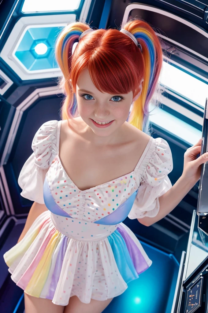 (overhead view) Cute redhead with rainbow colored hair tips, ribbons in her hair, 18-year-old woman, happy, smiling, in twin tails, perfect eyes, clear sparkling blue eyes, pale skin, silky smooth white skin, alabaster skin, flying a fancy metal luxurious space ship, futuristic cockpit, she's a pilot, outer space seen in windows, dark warm lighting, wearing a futuristic dress, low cut top, pleated (chemise) mini dress (pastel rainbow colors, and polka dots), puffy sleeves, silk, pantyhose, cute short cut booties, boots.
