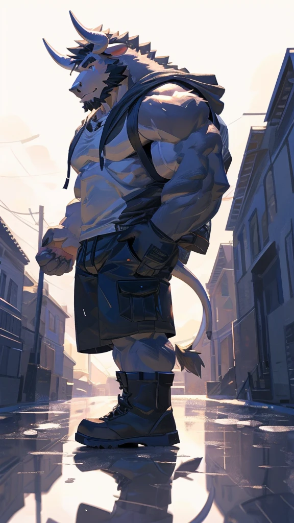 (masterpiece:1.2), best quality,PIXIV,official art,(ray tracing,cinematic lighting),cloudy_sky,(1_male:1.3), solo, anthro, (muscle), (Grey fur:1.4), (muscular bull), (bull tail), (beard:1.2), midjourney, thick eyebrow, (white background :1.3), black tank top, open hoodie, cargo shorts, boots , Salar de Uyuni ,rainy ,reflection